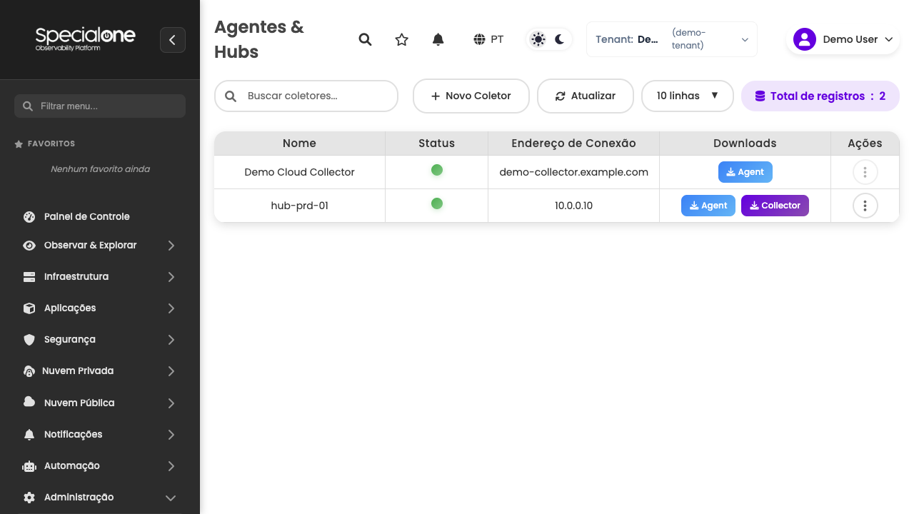 Lista de agentes e coletores com status e downloads