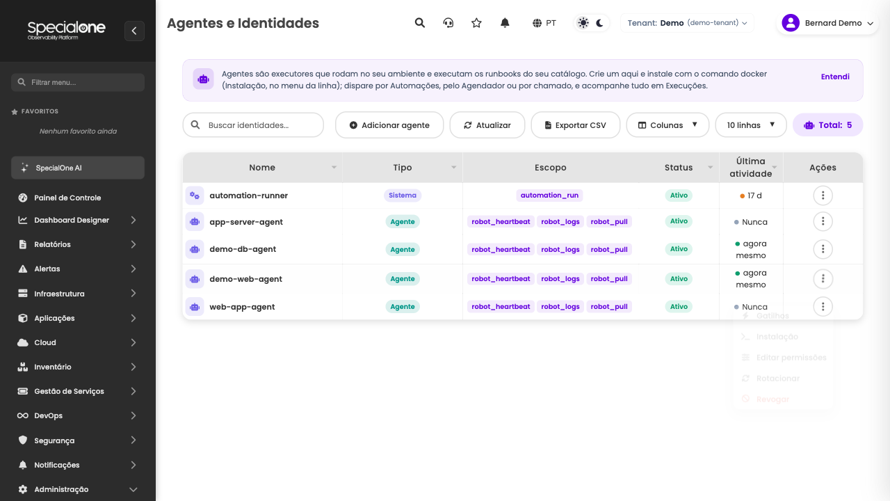 Menu de ações do agente com a opção Instalação