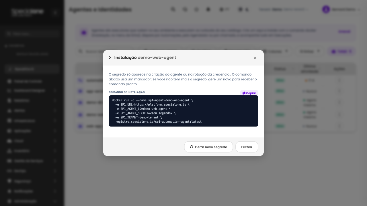 Janela de instalação com opção de gerar novo segredo