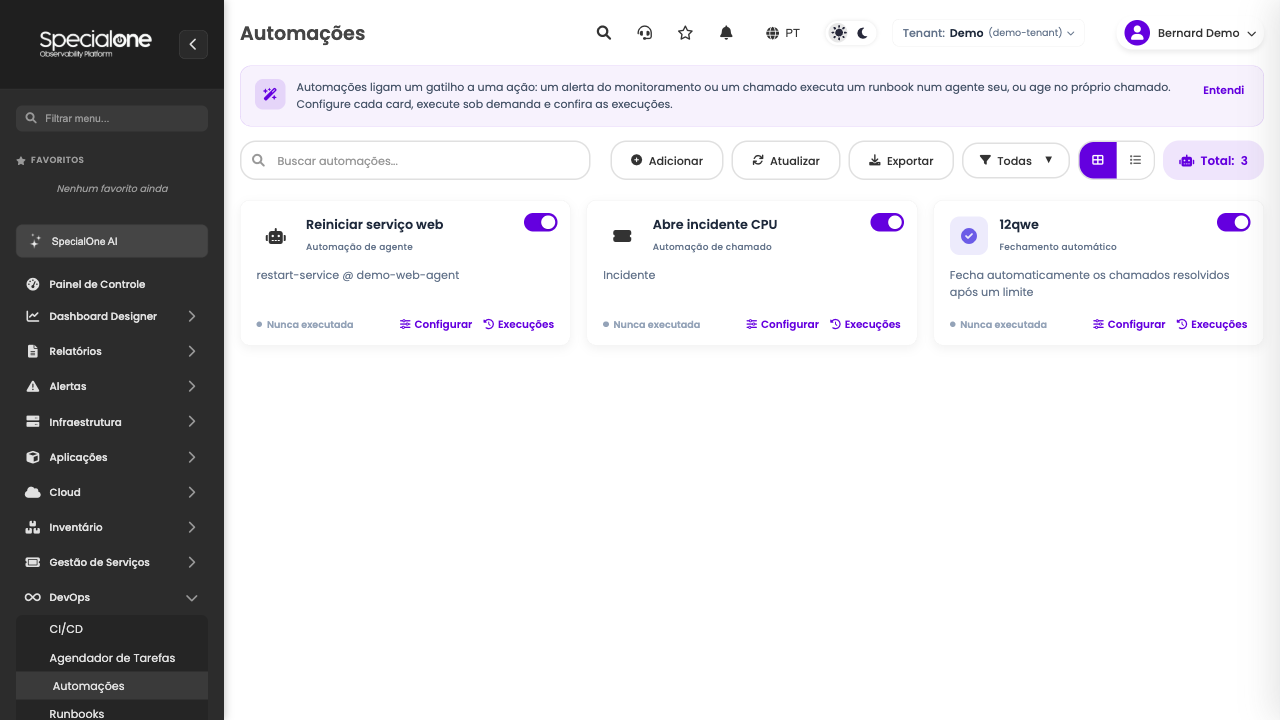 Lista de automações em cards