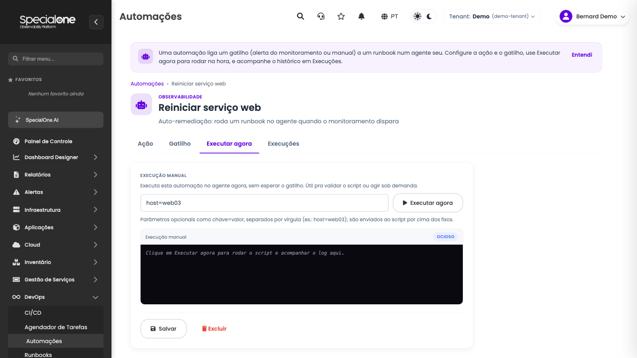 Aba Executar agora com o console de log