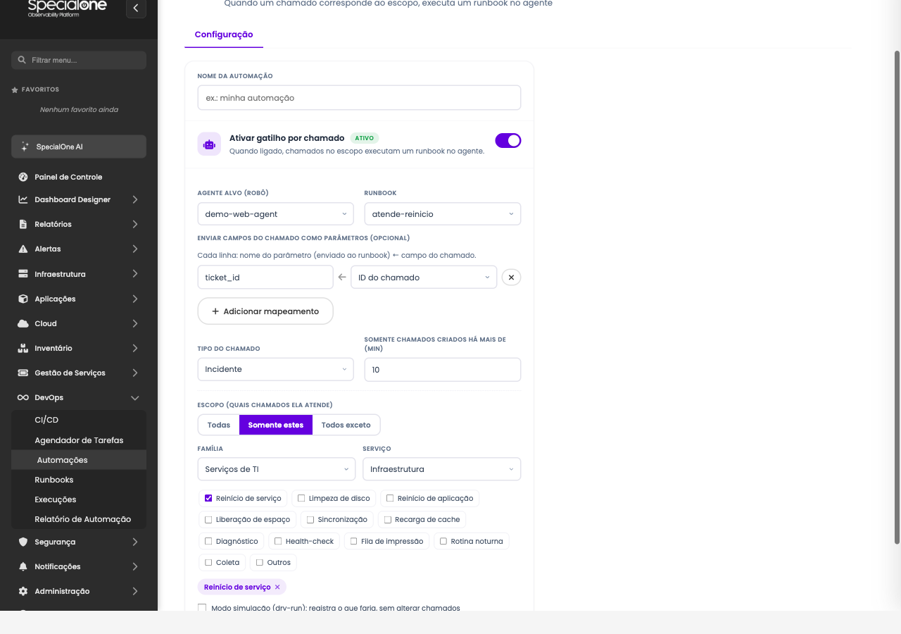 Configuração da automação de chamado: agente, runbook, mapa de parâmetros e escopo por categoria
