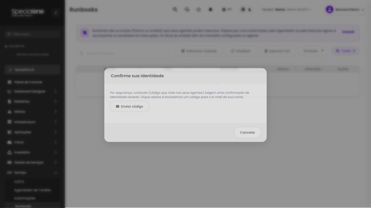 Tela de confirmação de identidade antes de acessar os runbooks