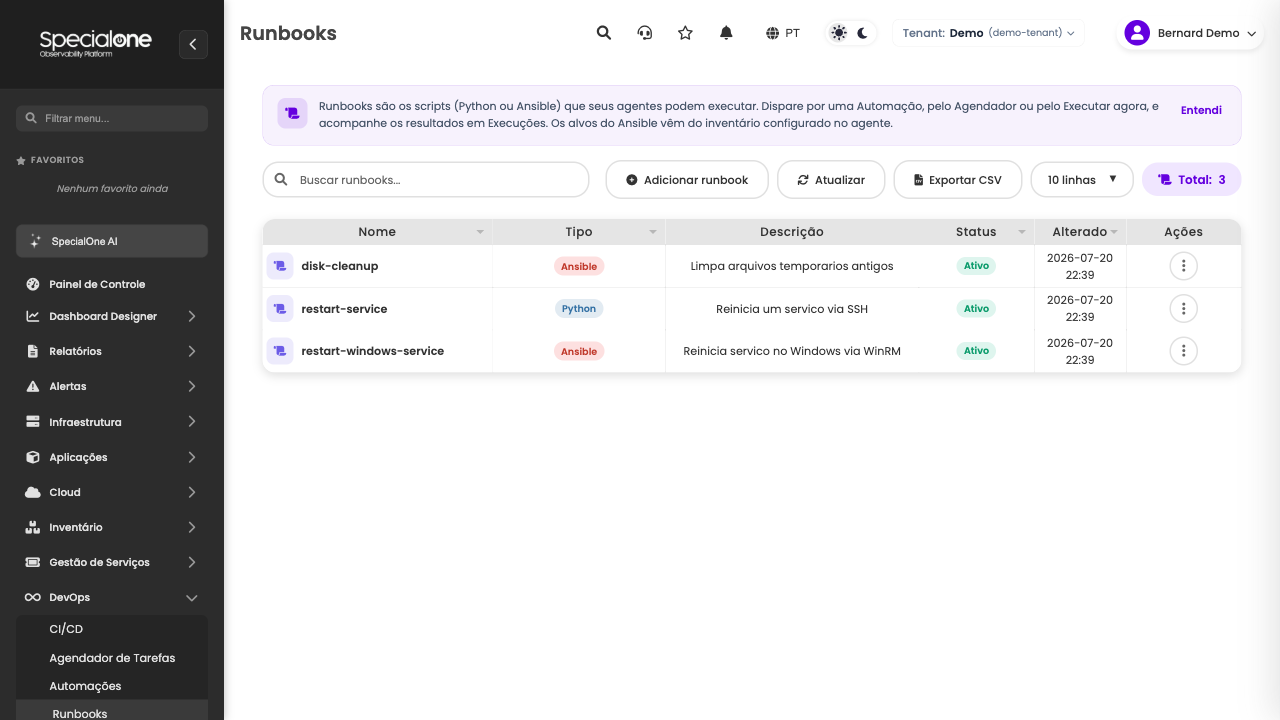 Lista de runbooks com nome, tipo Python ou Ansible e status
