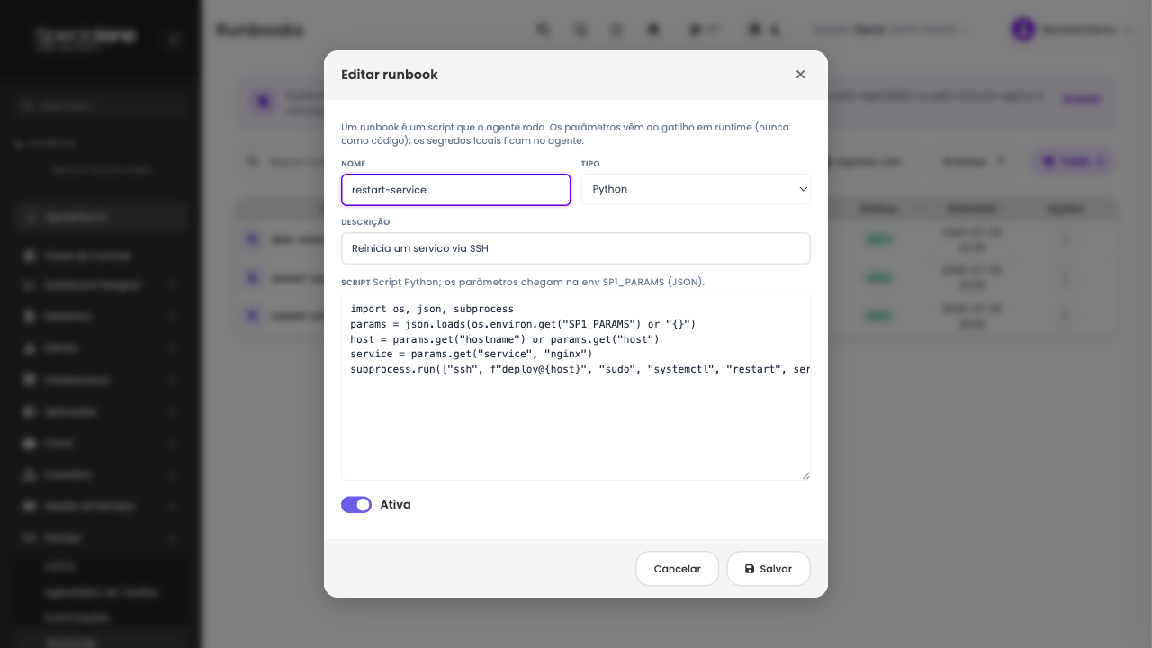 Editor de runbook com o script e o tipo