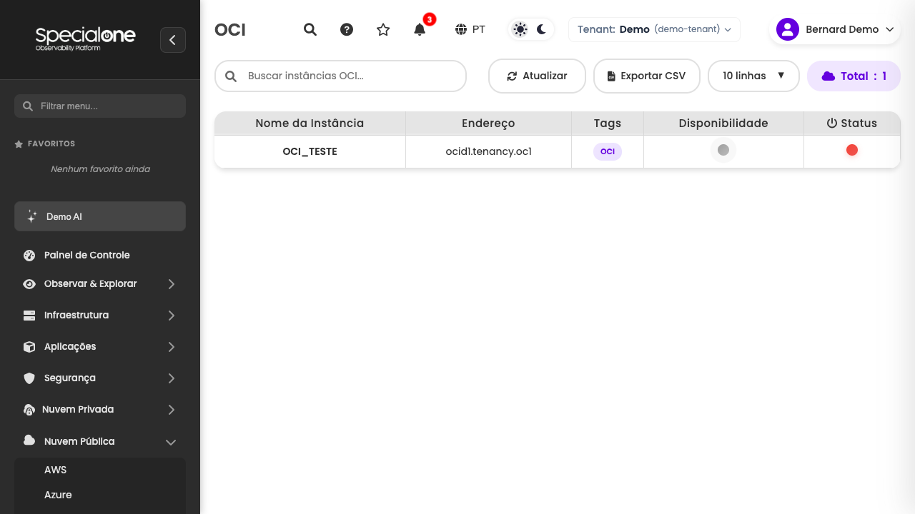 Lista de instâncias OCI com endereço e status