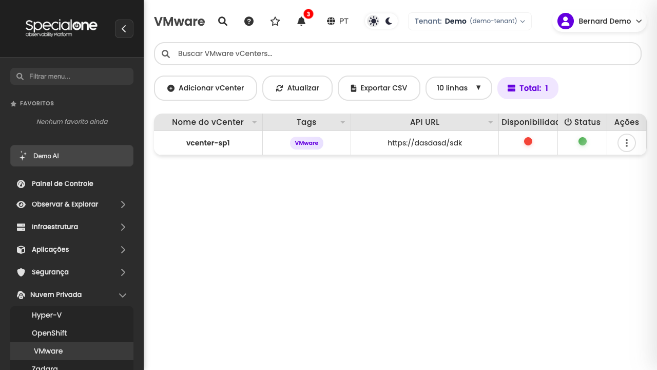 Lista de vCenters monitorados com status e tags