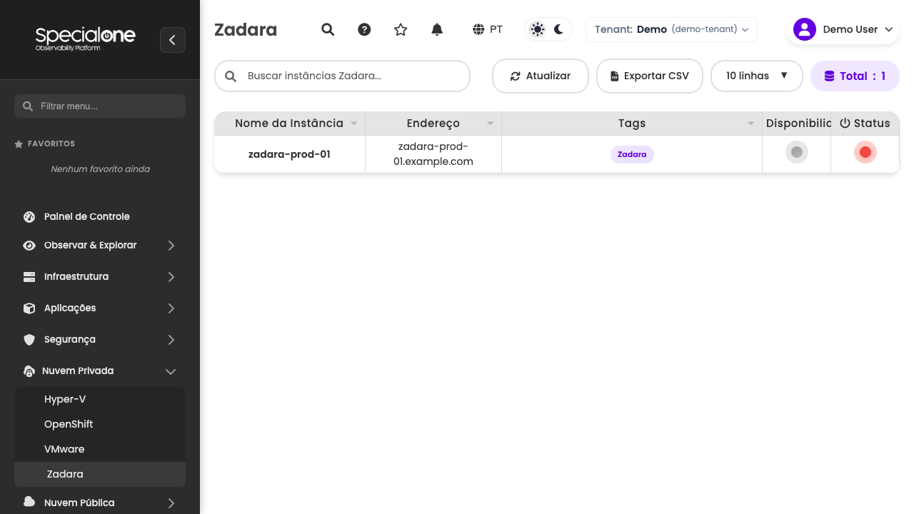 Lista de instâncias Zadara com endereço e status