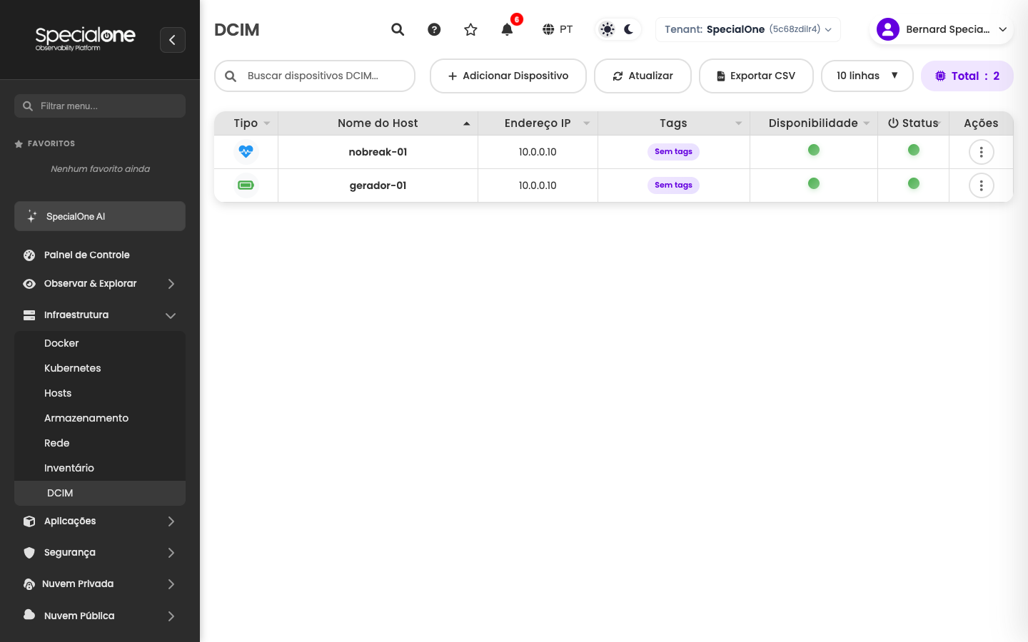 Lista de dispositivos DCIM com colunas Type, Hostname, IP, Tags, Disponibilidade e Status