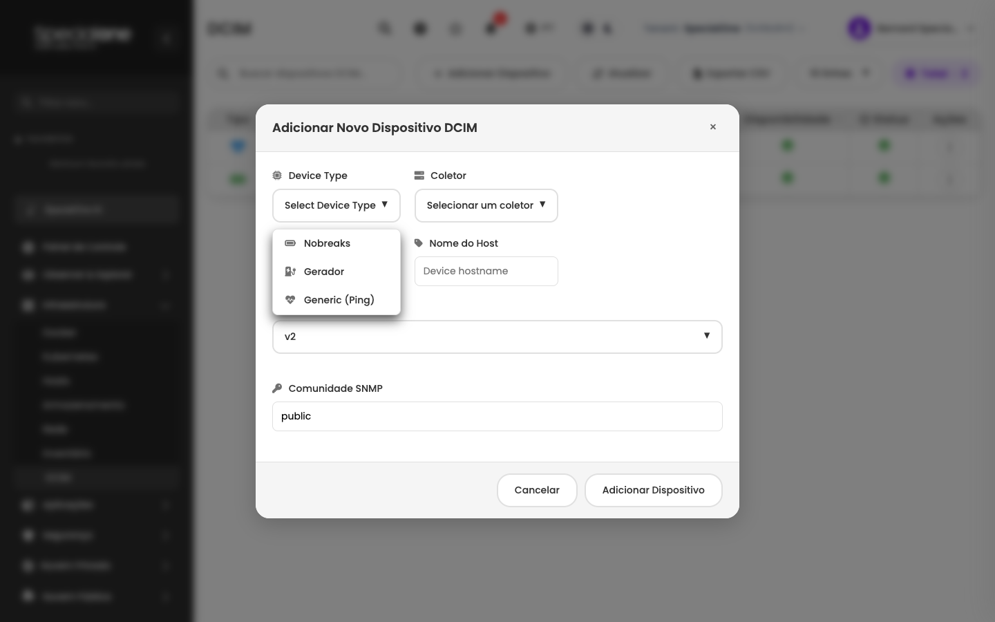 Modal Adicionar Novo Dispositivo DCIM com Type, Collector, IP, Hostname, SNMP Version e Community
