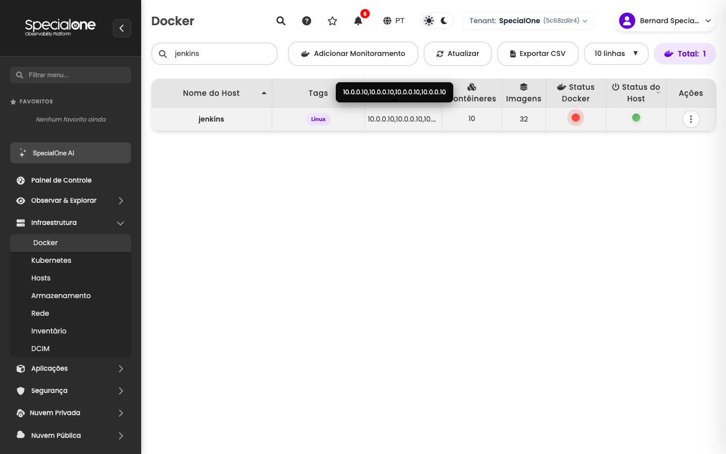 Lista de hosts Docker com colunas específicas