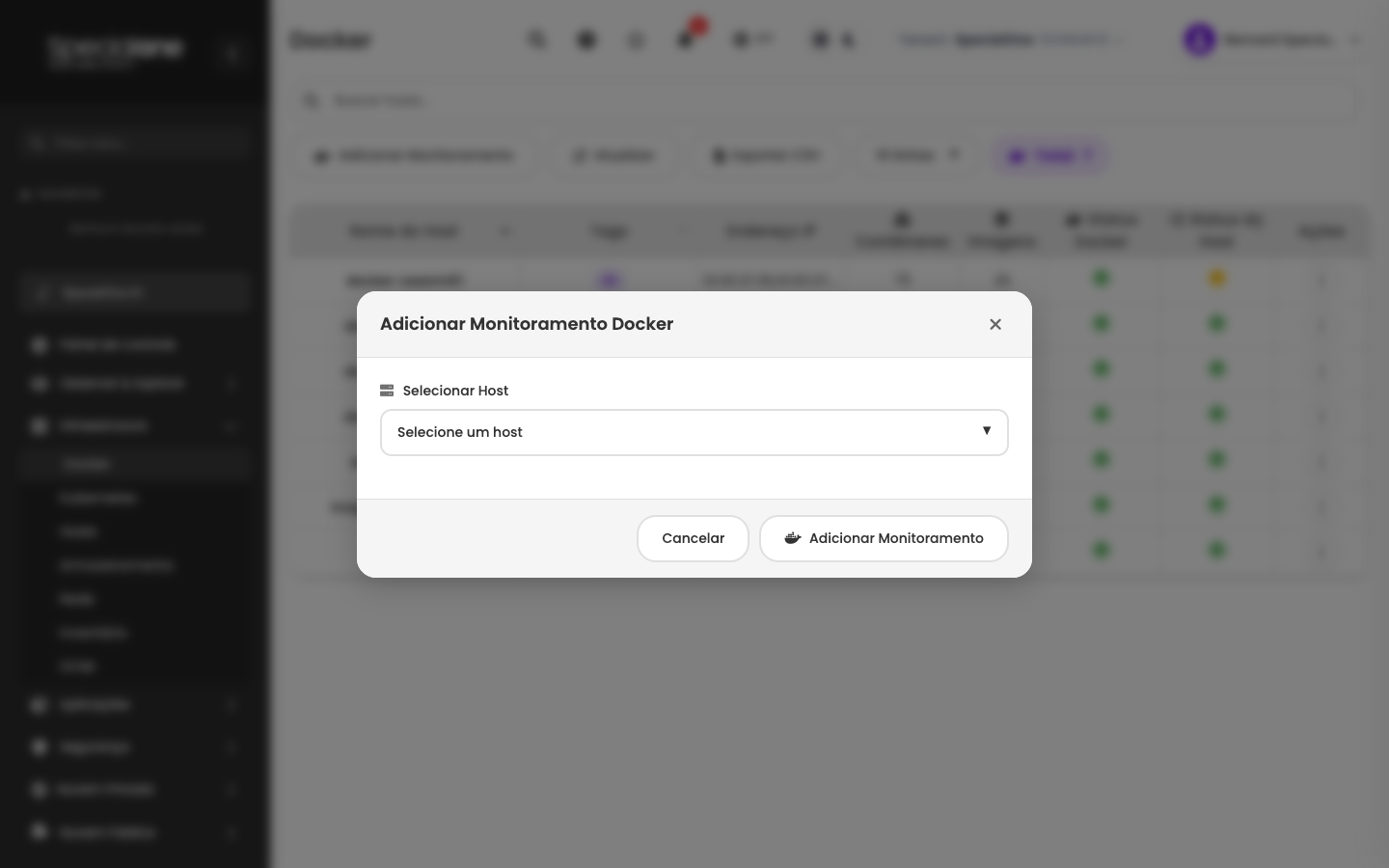 Modal Adicionar Monitoramento Docker com dropdown de hosts já cadastrados