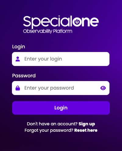 Tela de login da SpecialOne Platform