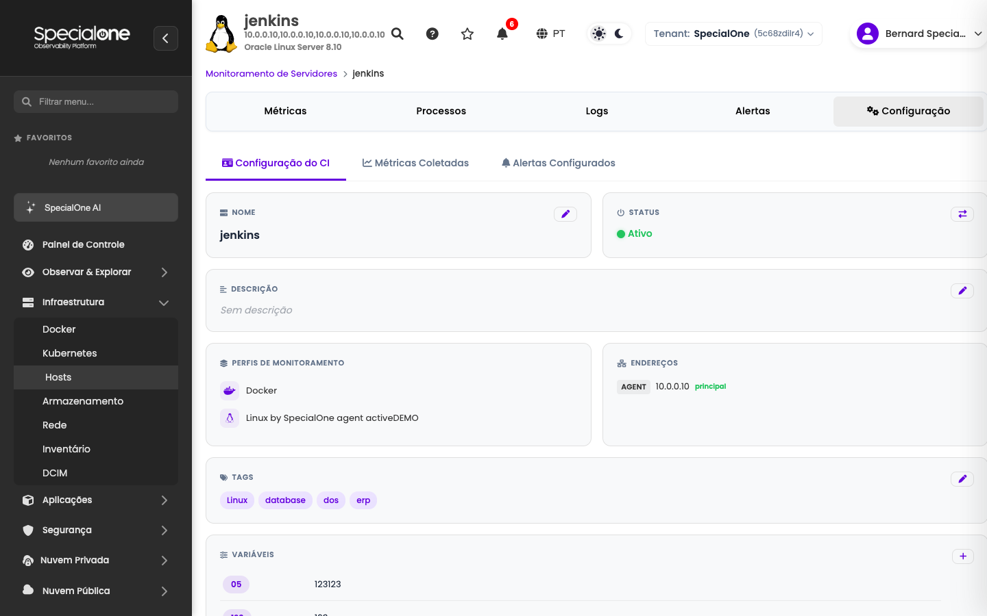 Aba Configuração do host com sub-abas e cards