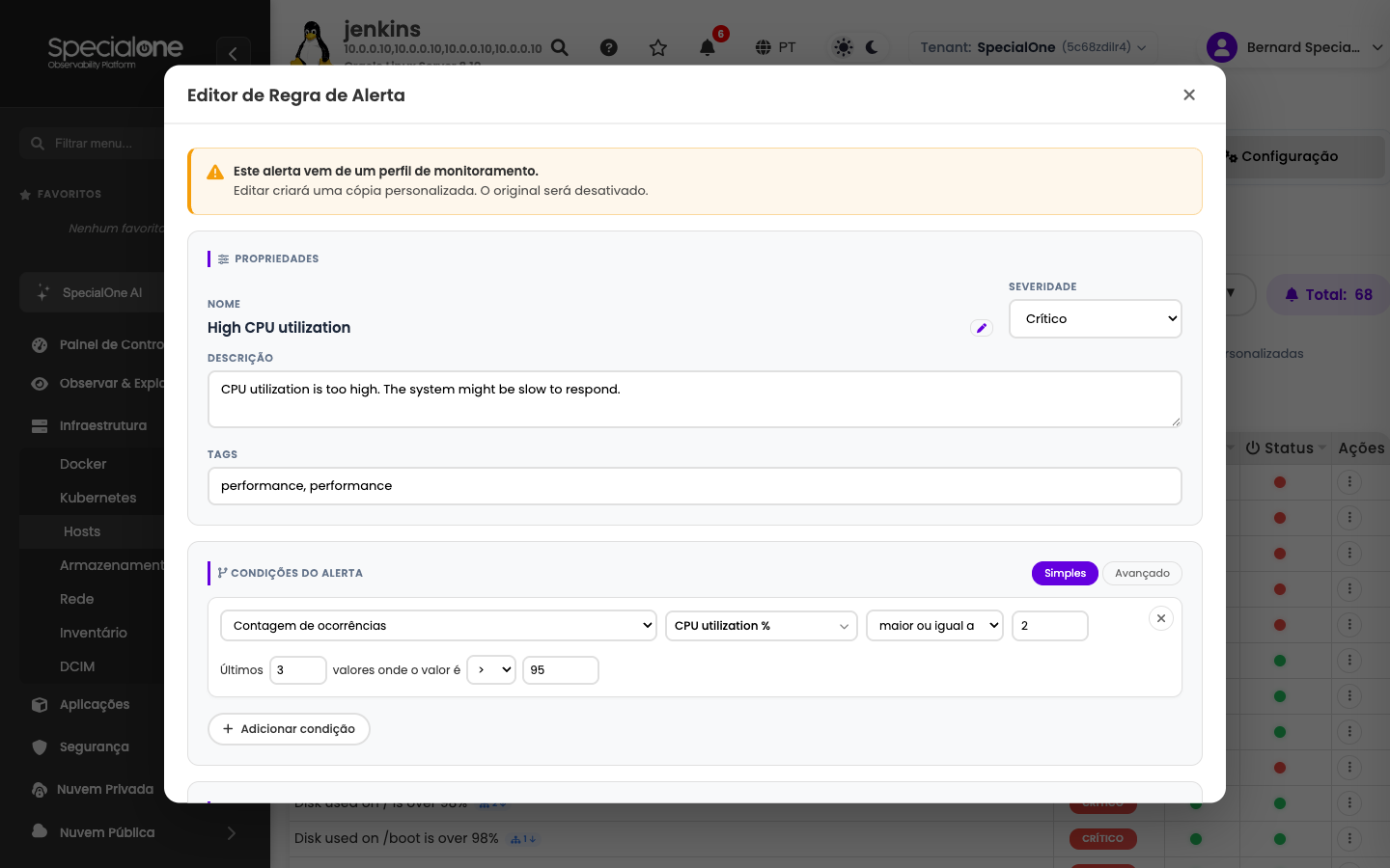 Editor de regra de alerta com aviso de cópia personalizada