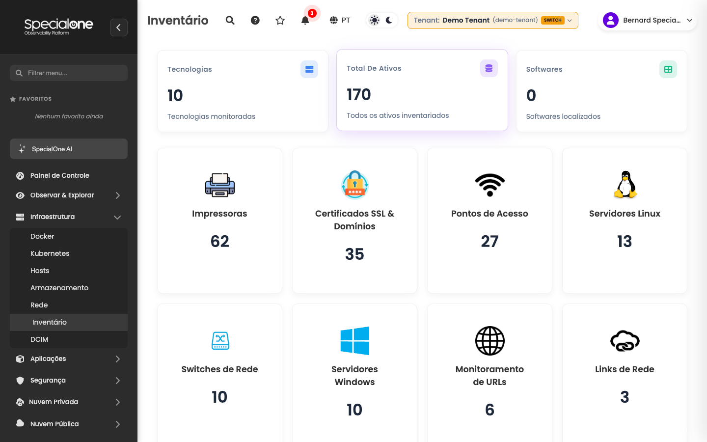 Inventário com KPIs no topo e cards por categoria