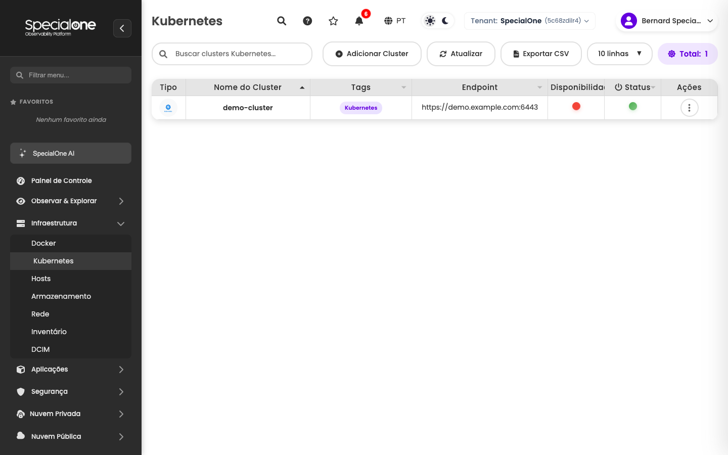 Lista de clusters Kubernetes com um cluster cadastrado
