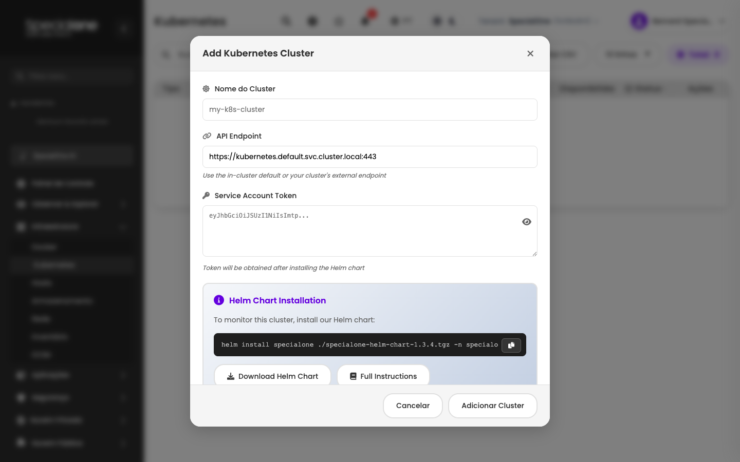 Modal Adicionar Cluster com campos e instruções do Helm chart