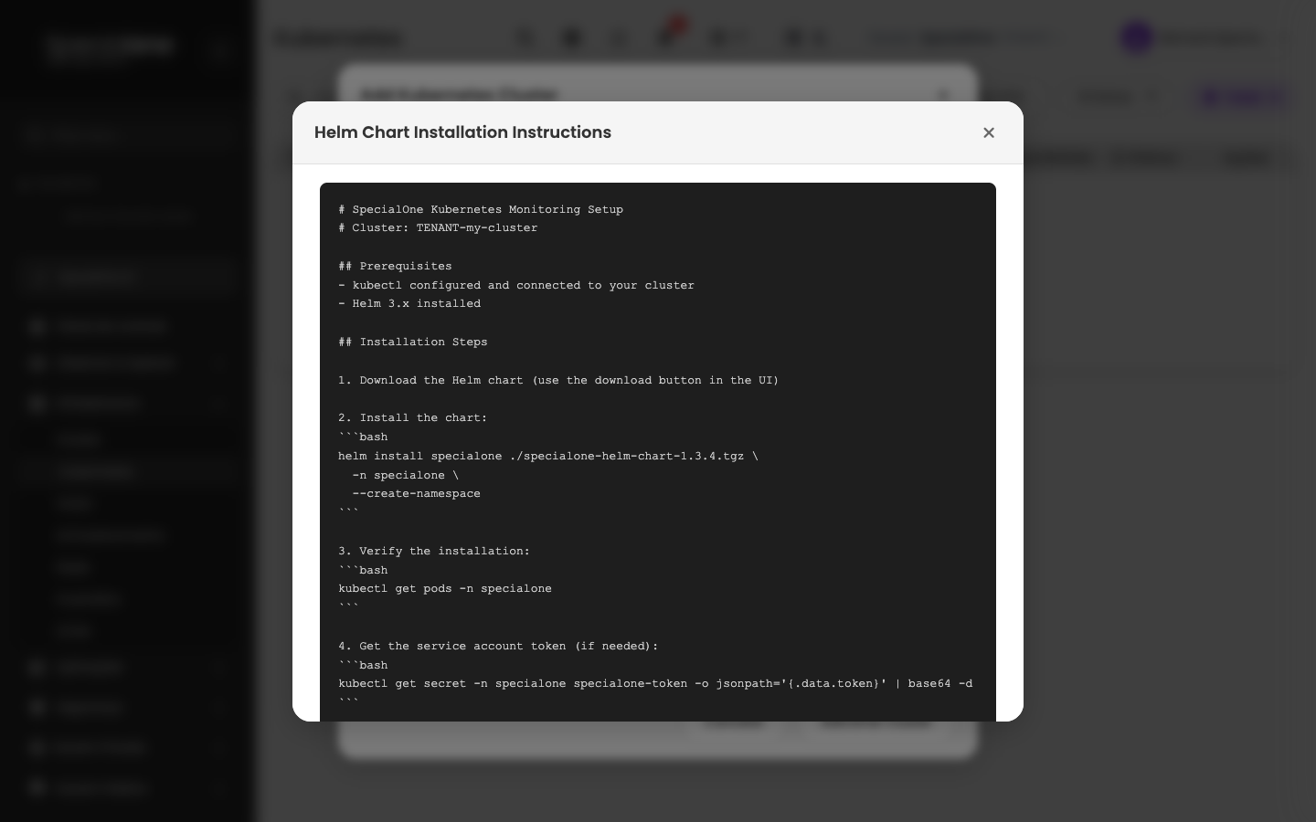 Modal de instruções com pré-requisitos e comandos
