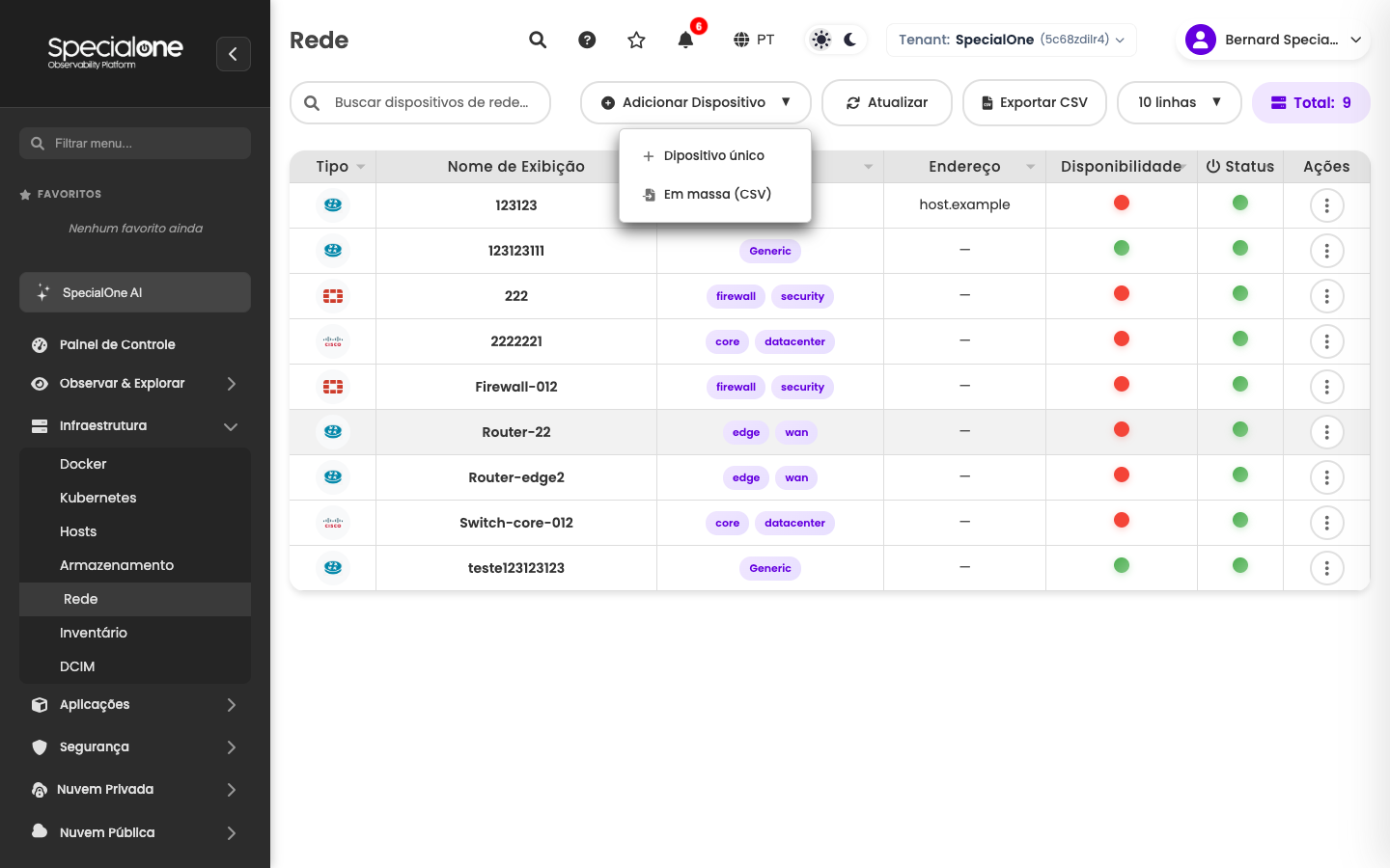 Dropdown Adicionar Dispositivo com Single Device e Bulk Import (CSV)