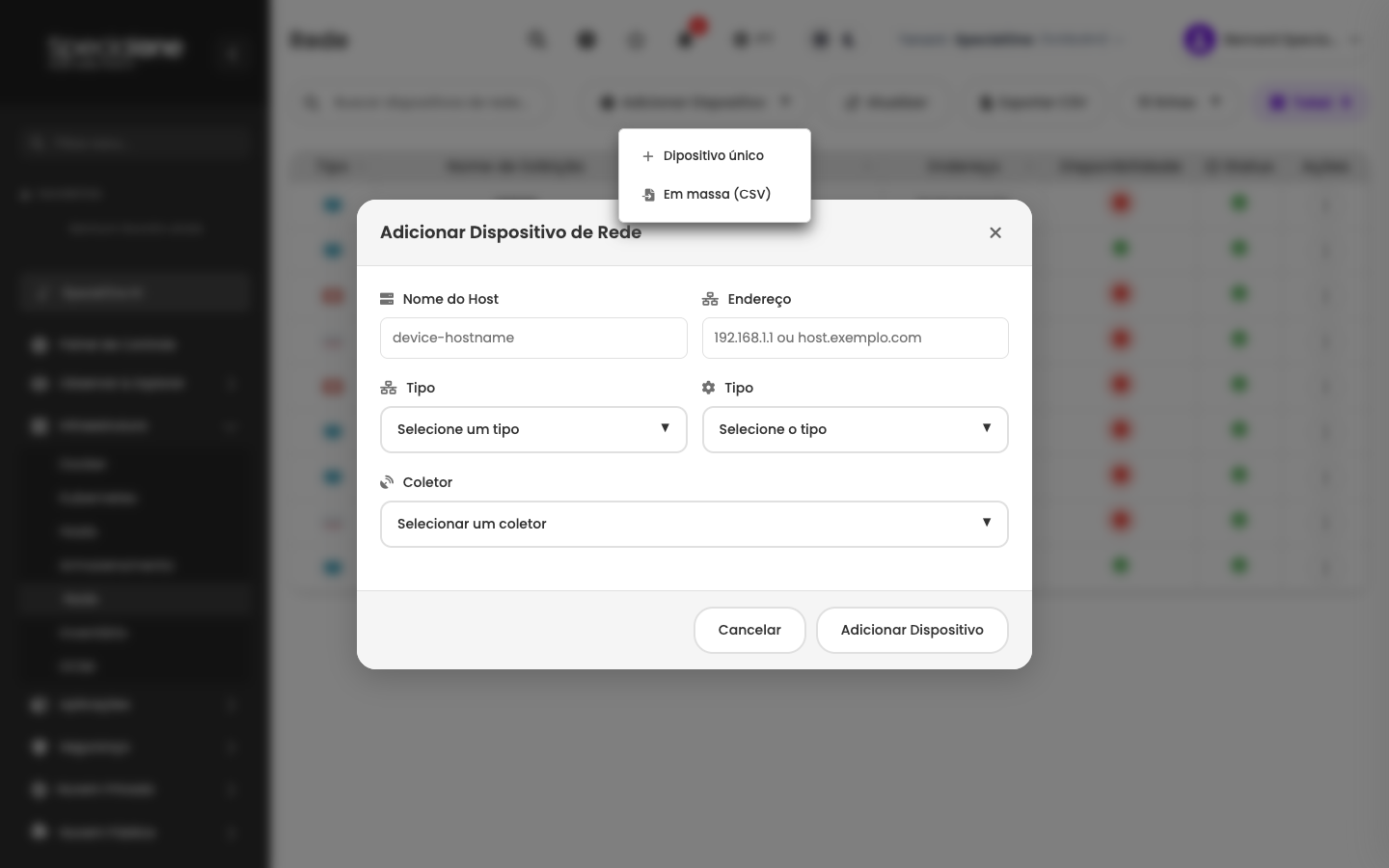 Modal Adicionar Dispositivo de Rede com Hostname, Endereço, Flavor, Type e Coletor