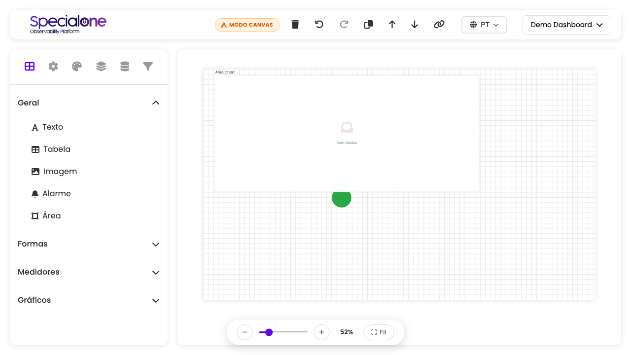 Editor de dashboards com a paleta de widgets na lateral esquerda