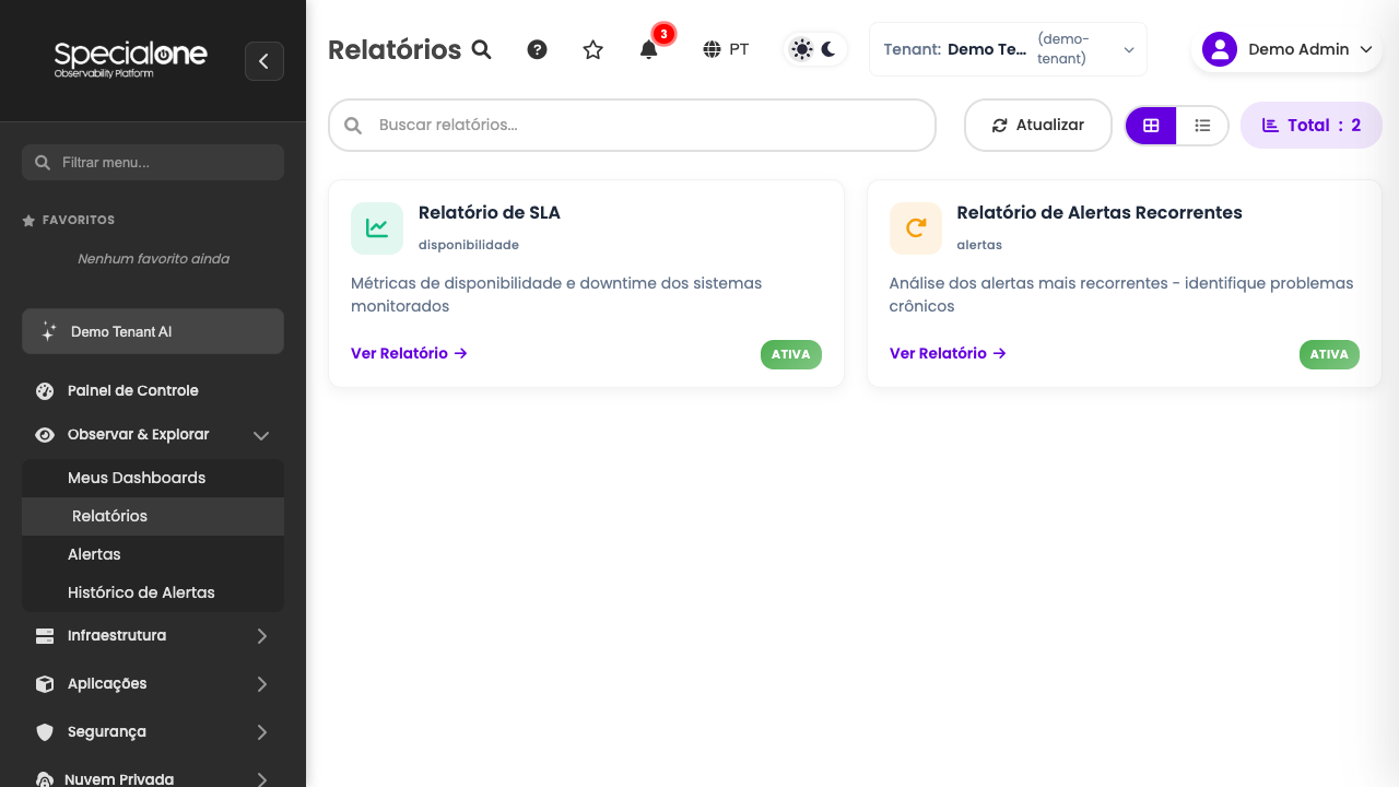 Catálogo de relatórios disponíveis no tenant
