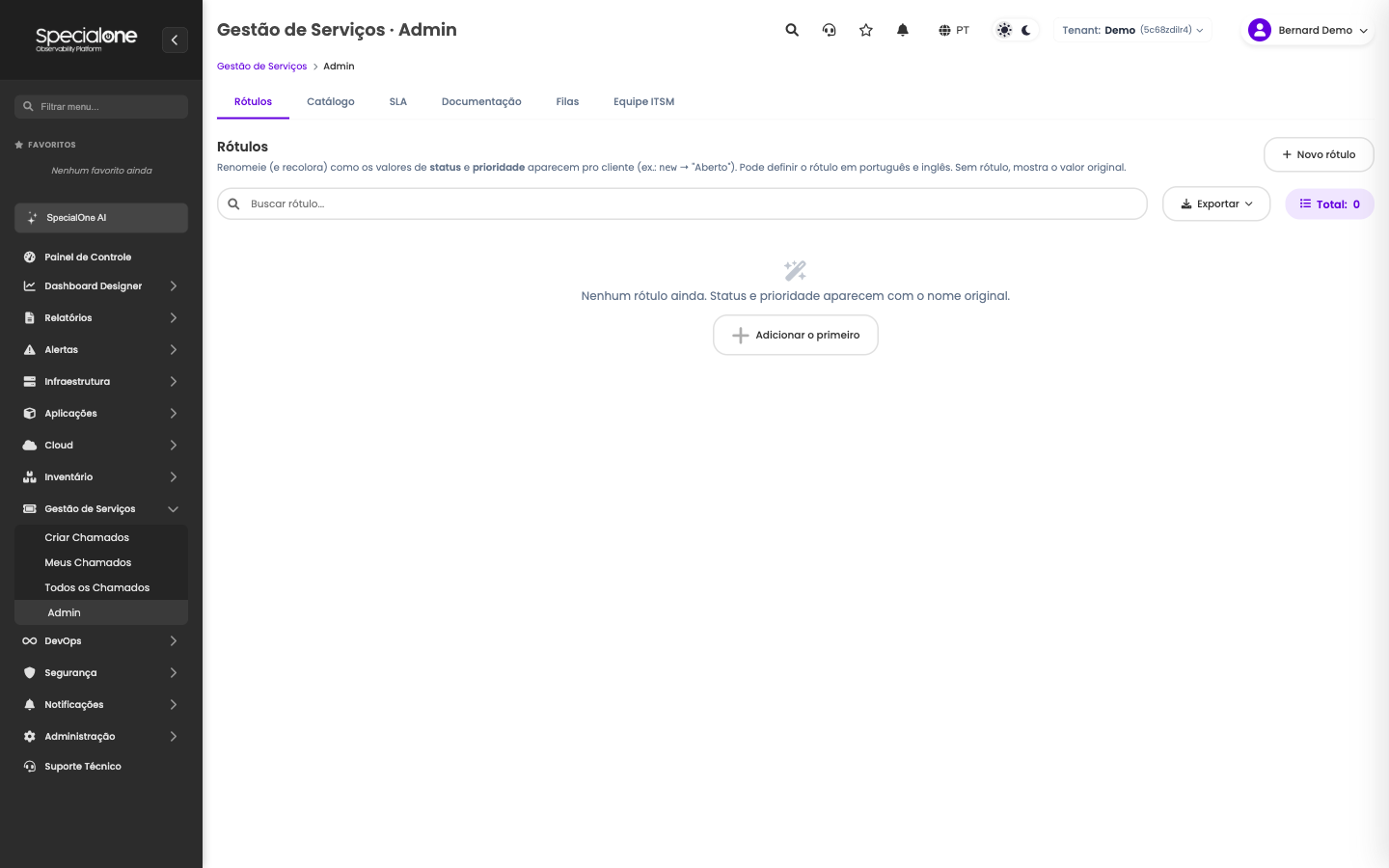 Aba de rótulos de status e prioridade