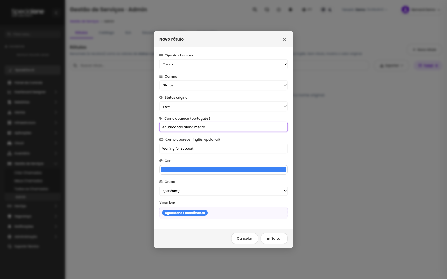 Modal de novo rótulo com pré-visualização