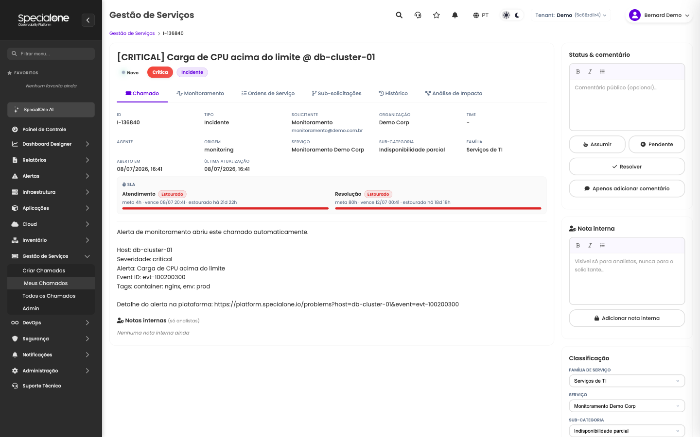 Detalhe do chamado com abas, painel de SLA e ações