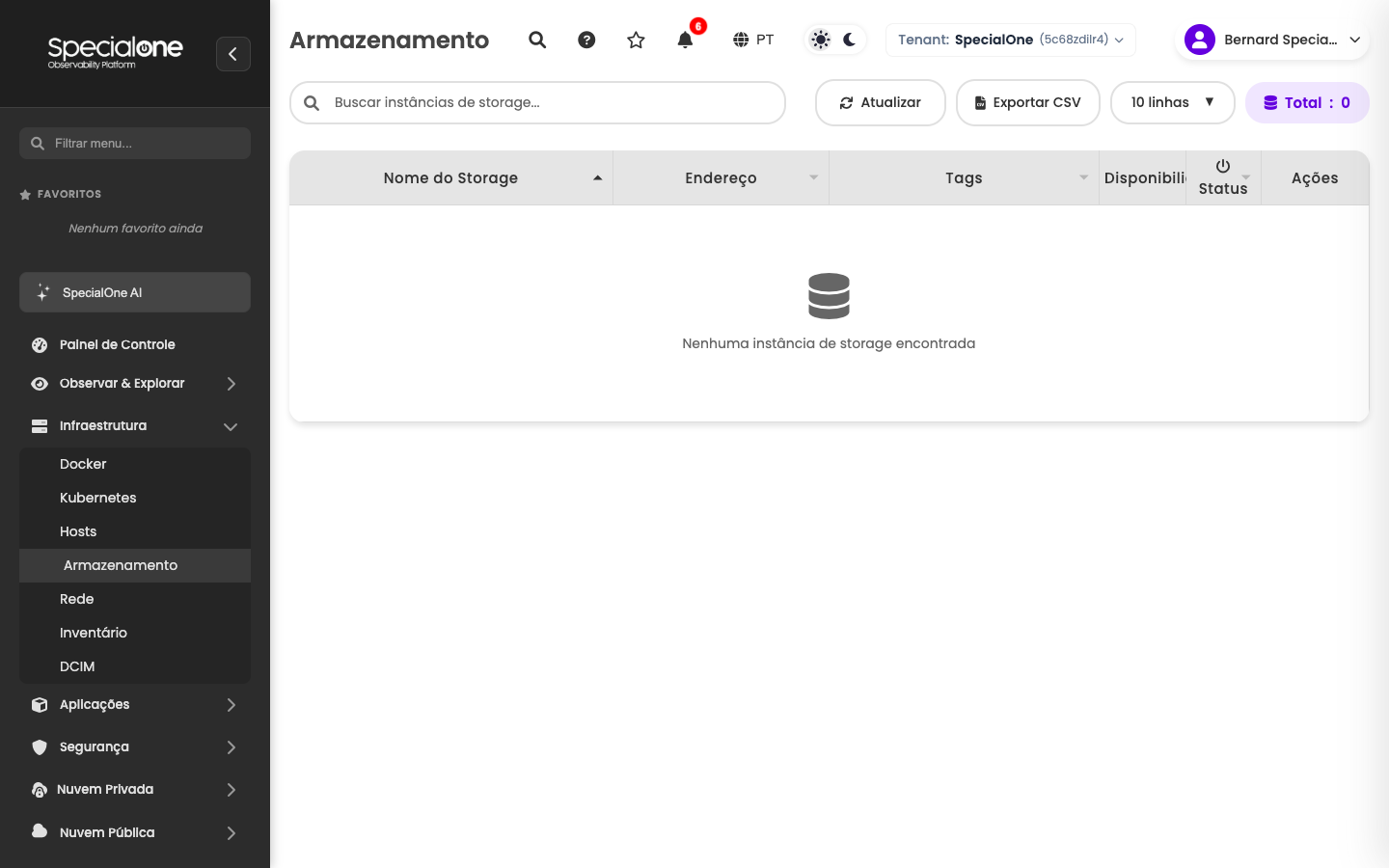Lista de instâncias de storage, vazia em um tenant novo