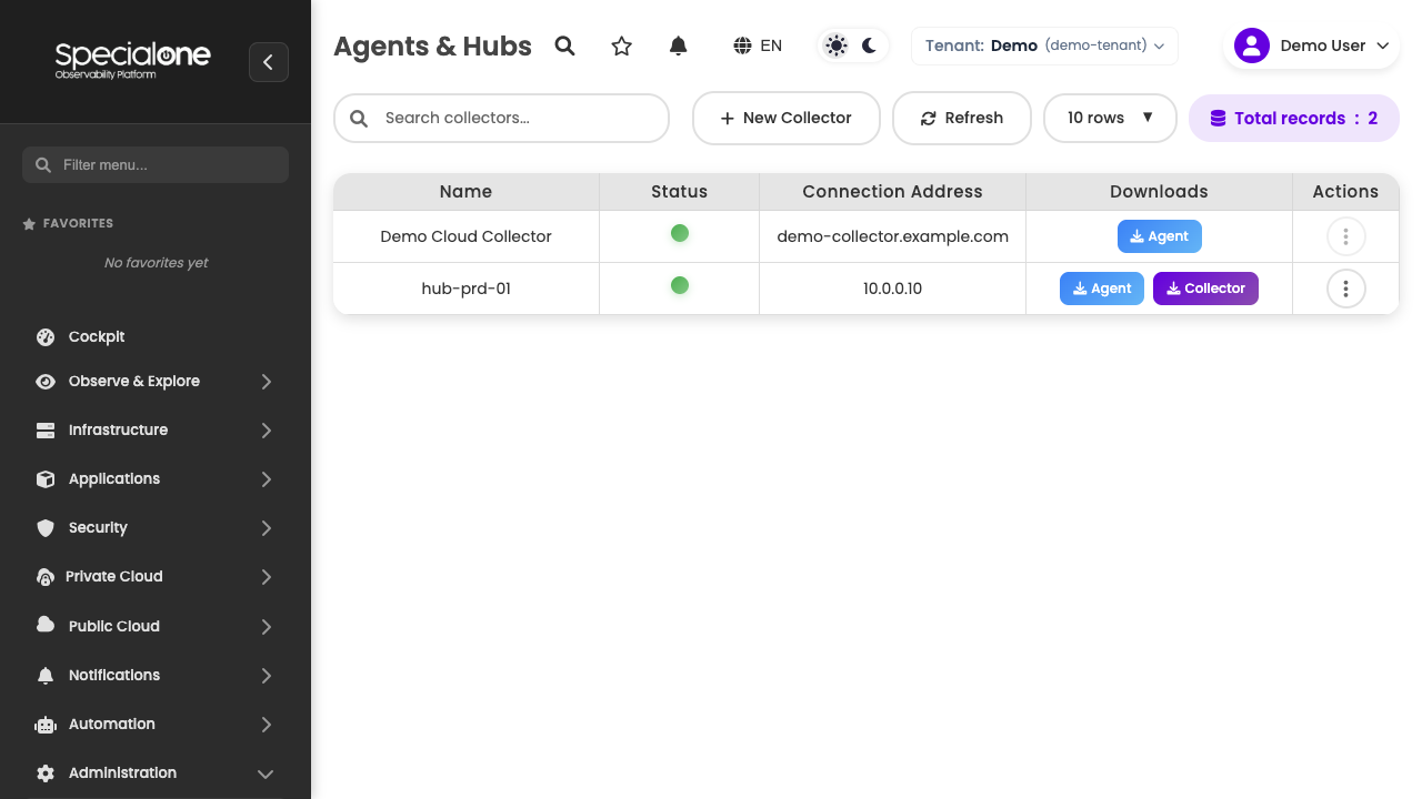 List of agents and collectors with status and downloads