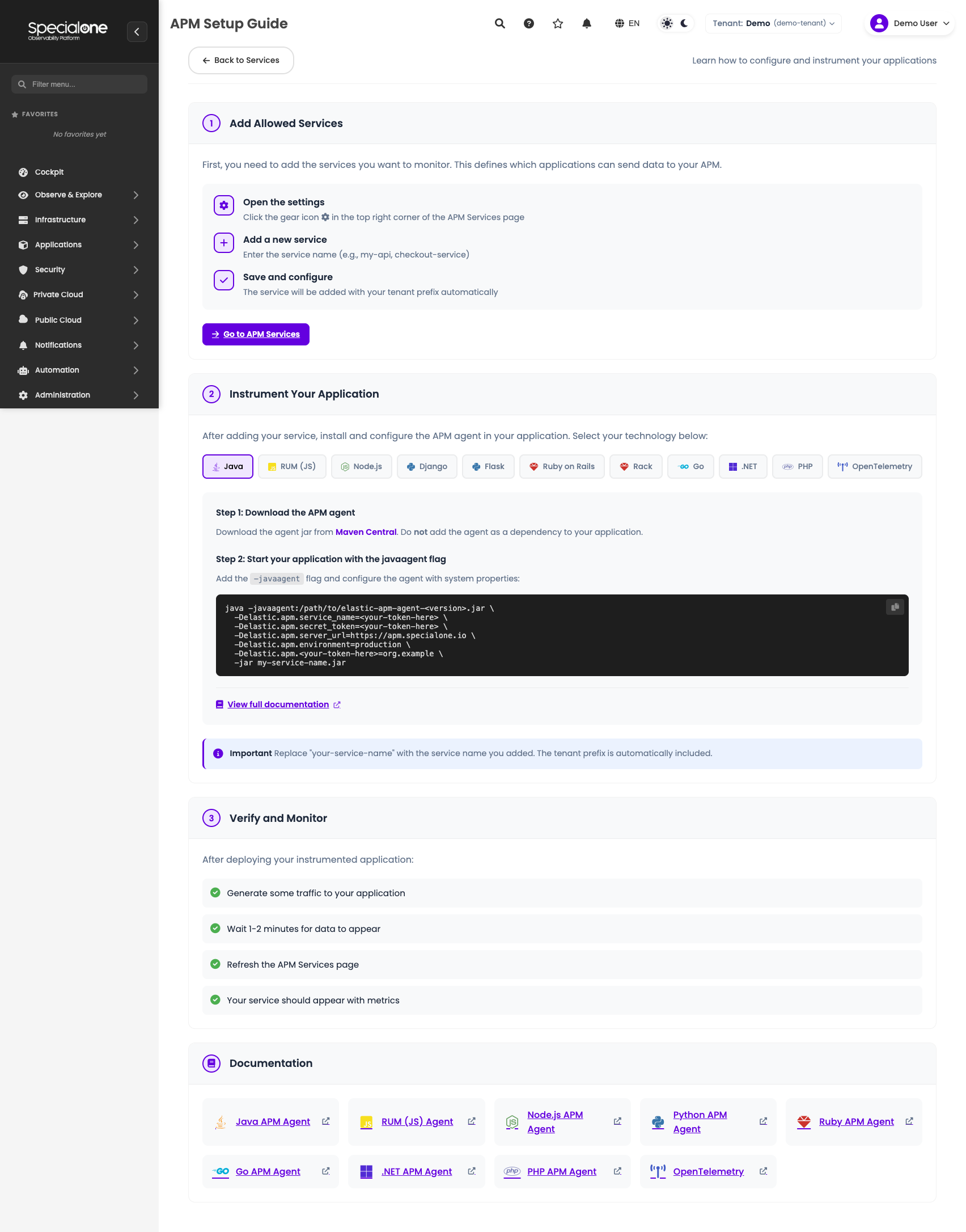 APM setup page with instrumentation instructions