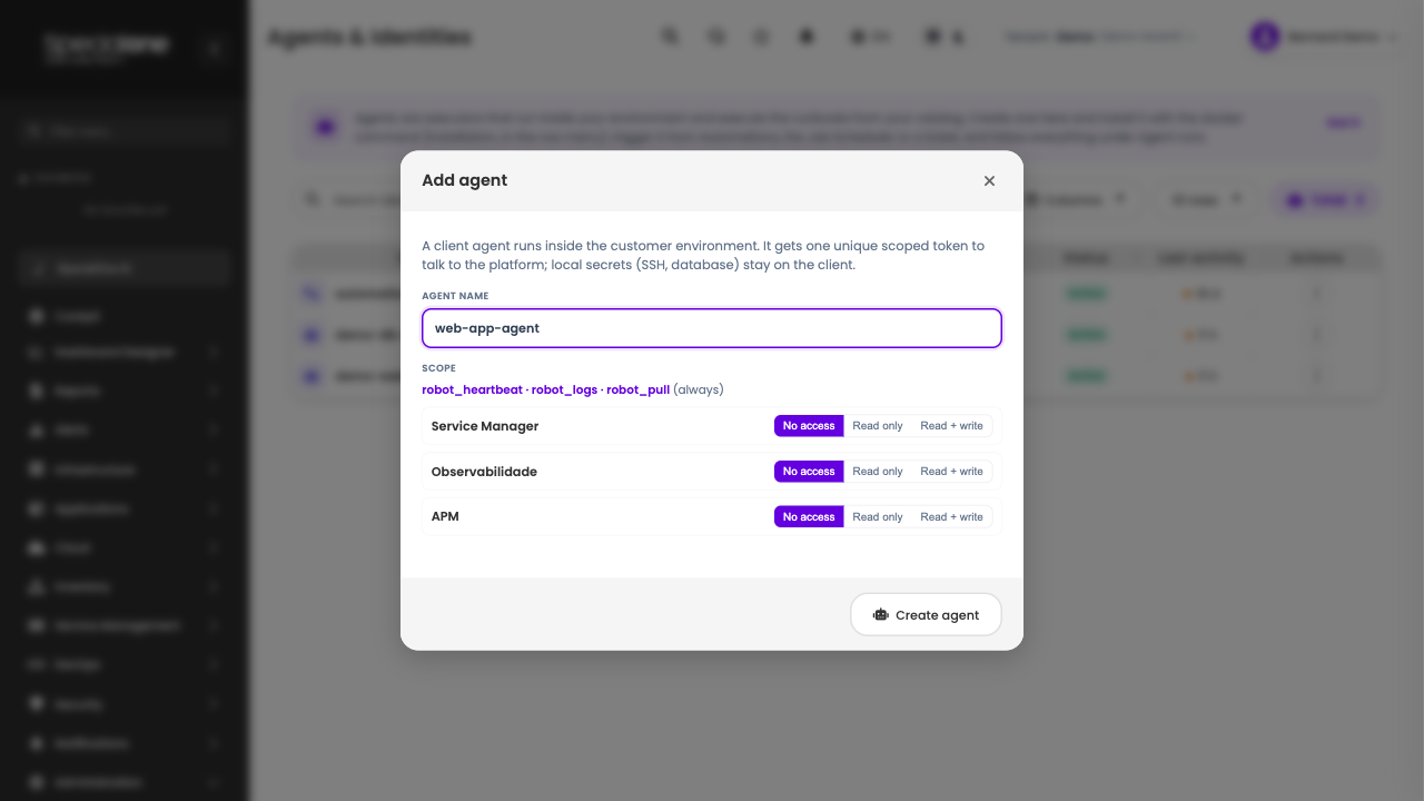 Agent creation form with name and scope