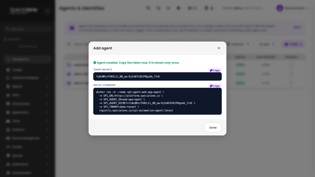 Secret and docker command shown once after creating the agent