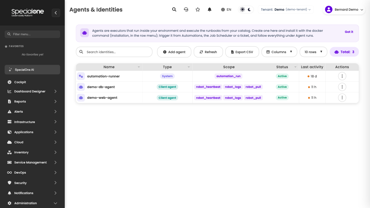 Agent list with active status and last activity