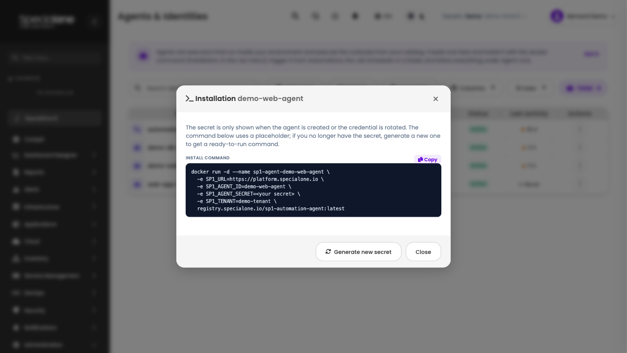 Installation window with the option to generate a new secret