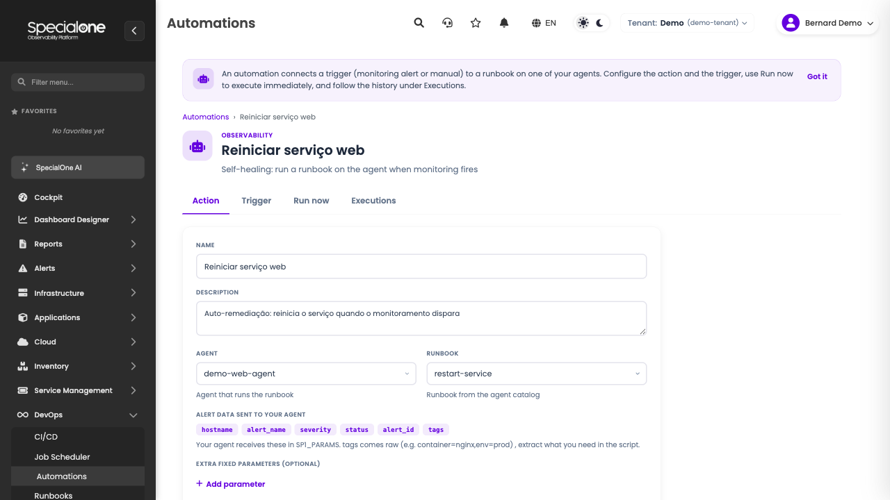 Action tab with agent, runbook and data sent