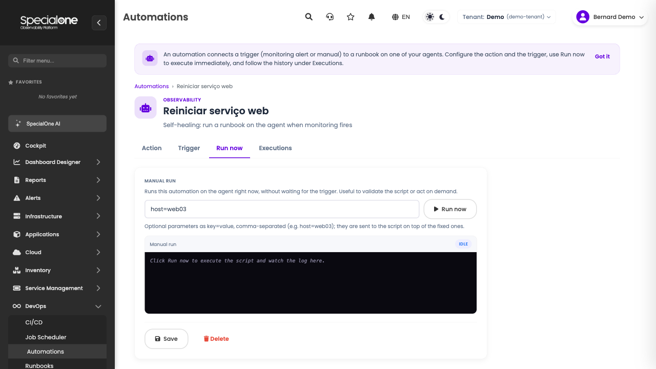 Run now tab with the log console