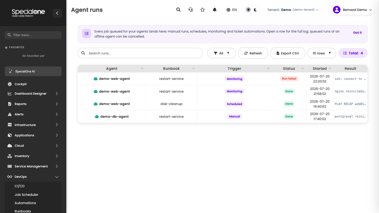 Execution list with agent, runbook, origin, status and result