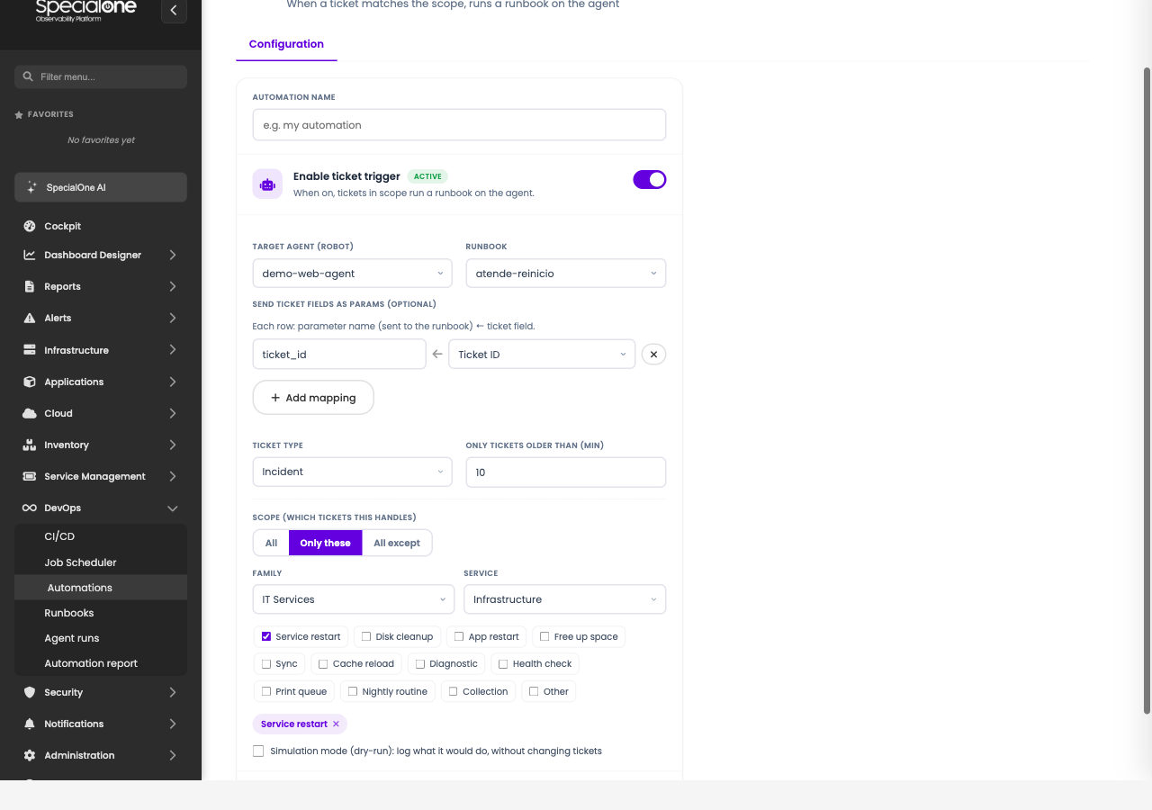 Ticket automation configuration: agent, runbook, parameter map and category scope