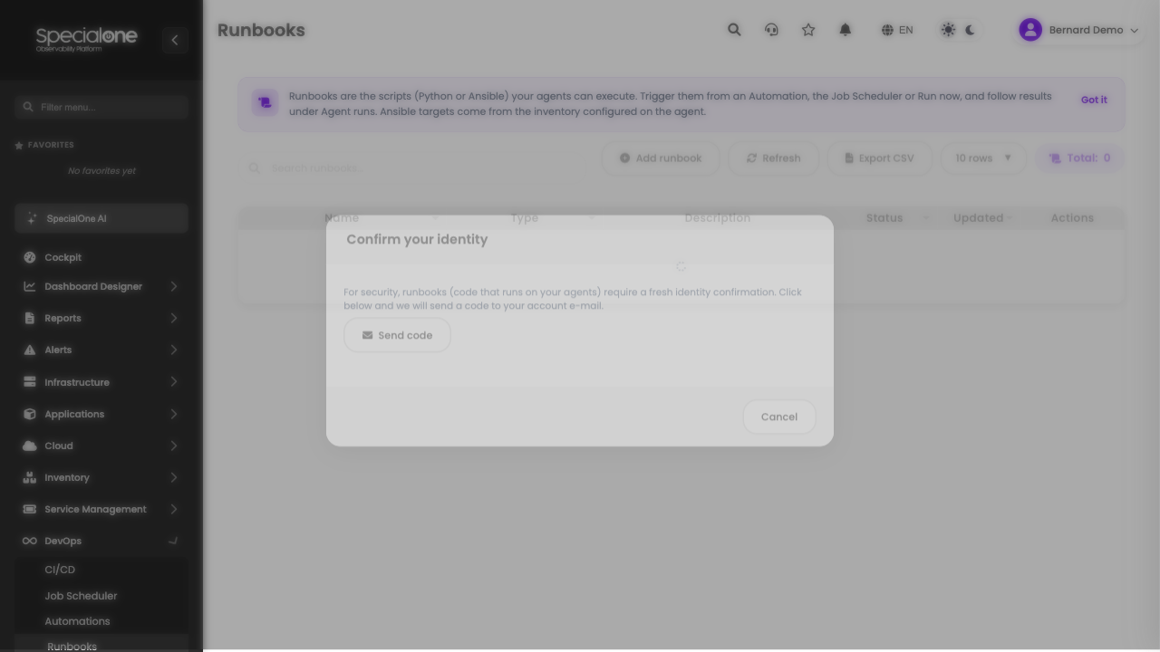 Identity confirmation screen before accessing runbooks
