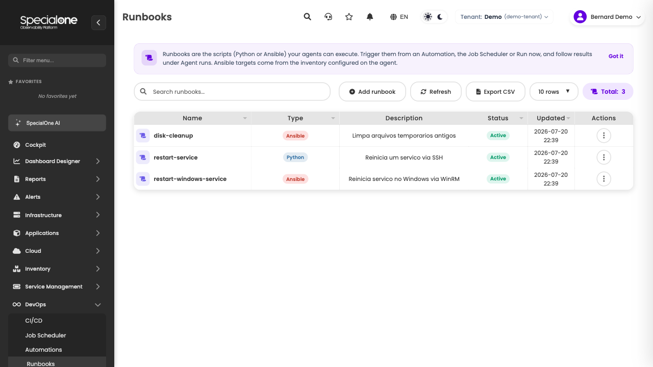 Runbook list with name, Python or Ansible type and status