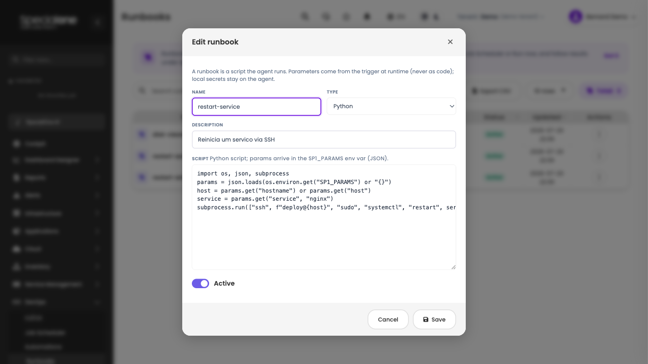Runbook editor with the script and the type