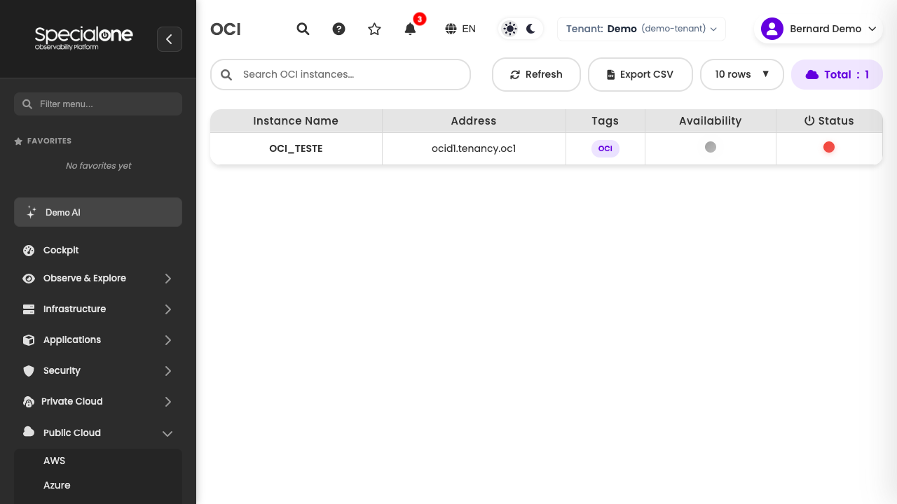 OCI instance list with endpoint and status