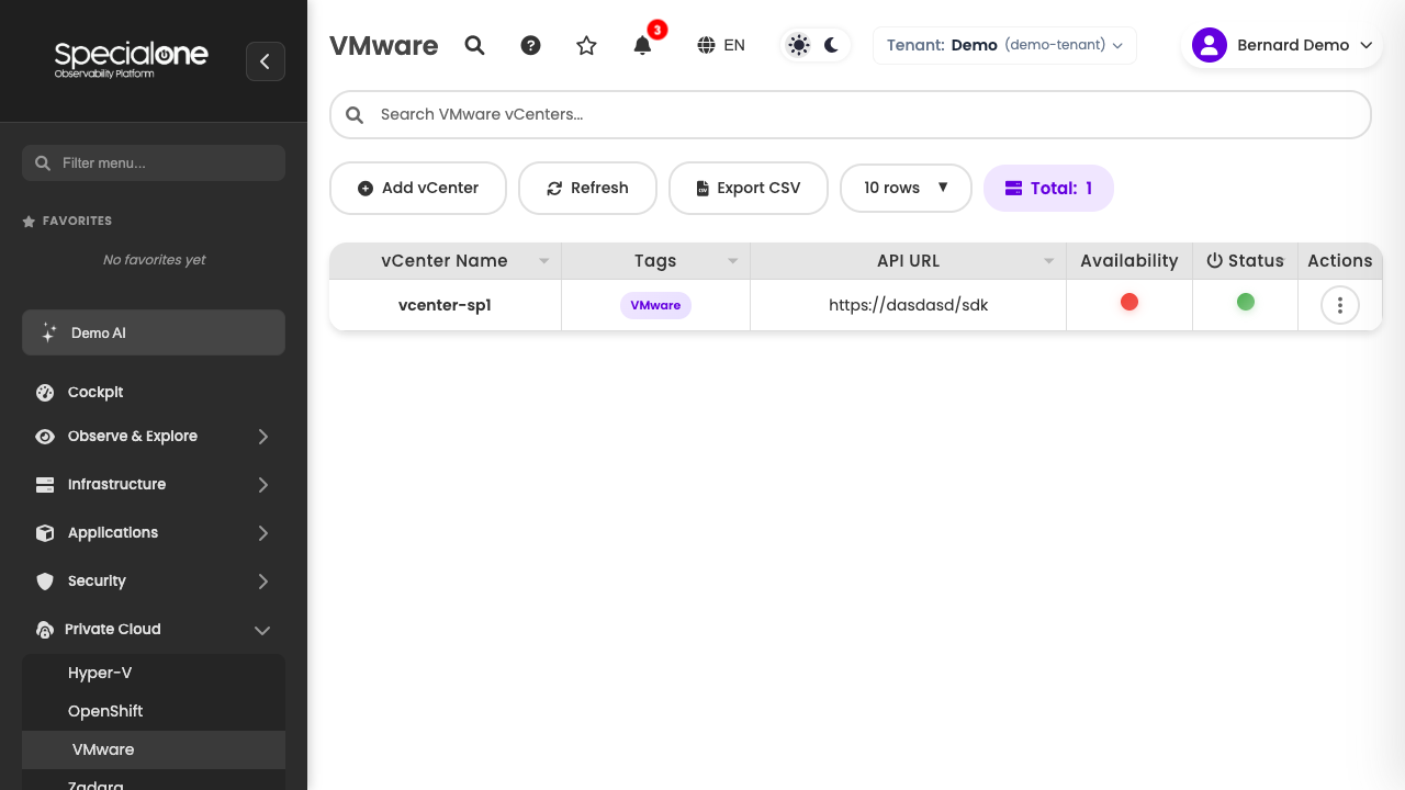 vCenter list with status and tags