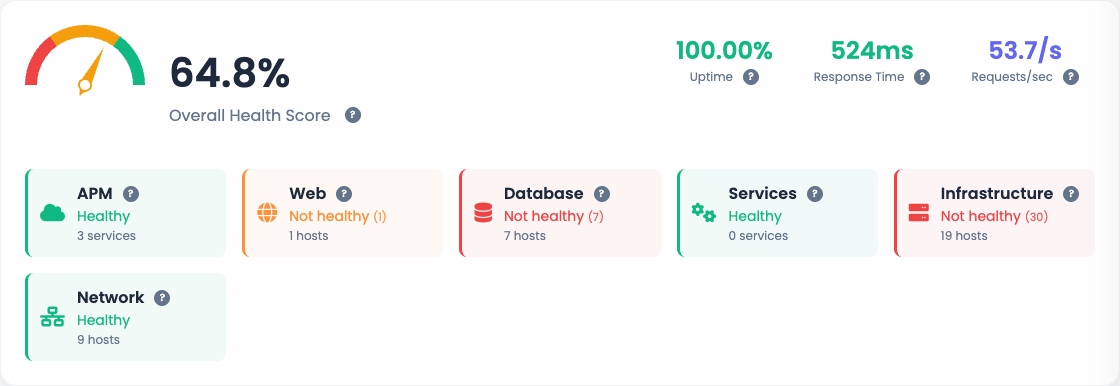 Overall health score with global metrics and per-category cards