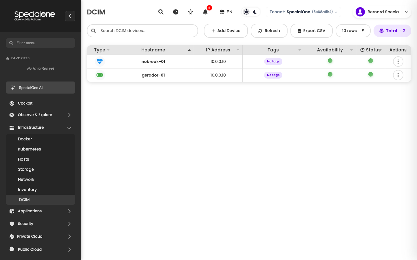 DCIM device list with Type, Hostname, IP, Tags, Availability and Status columns