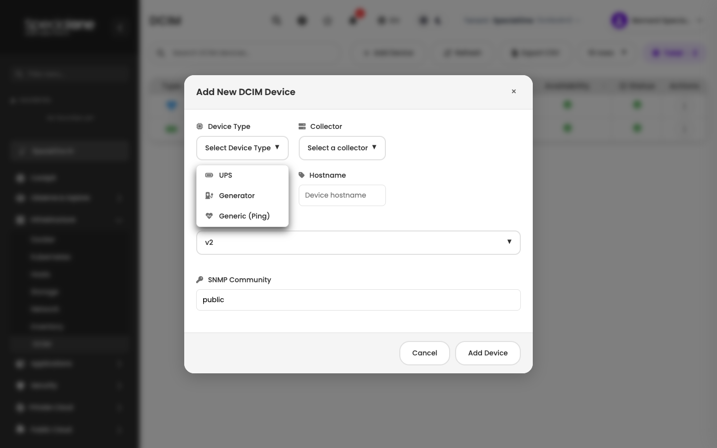 Add New DCIM Device modal with Type, Collector, IP, Hostname, SNMP Version and Community