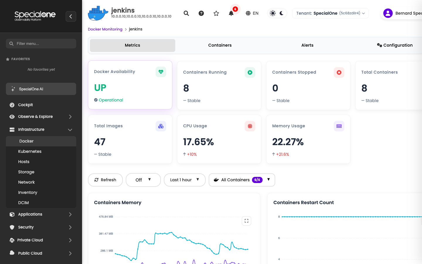 Docker detail with engine KPIs and per-container usage charts